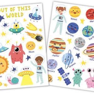 May include: A set of colorful stickers featuring planets, stars, astronauts, and spaceships. The stickers are perfect for decorating notebooks, laptops, water bottles, and more. The stickers feature the text "Out of this world".