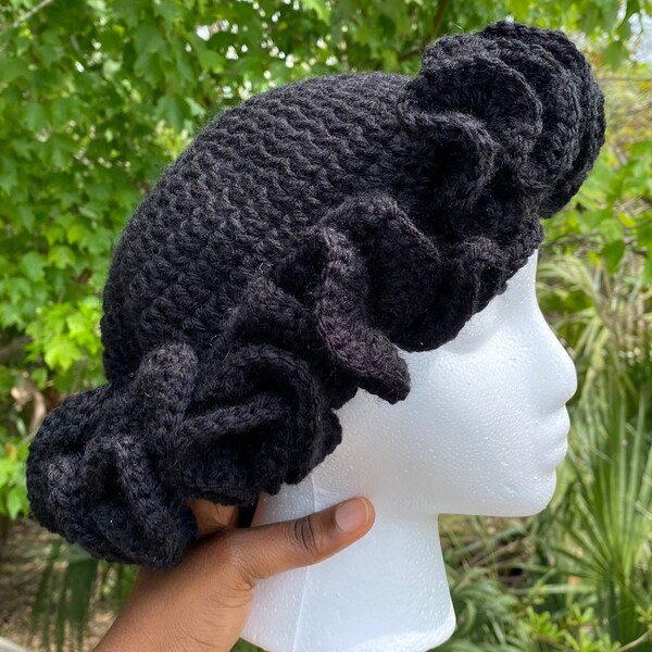 Black Crochet Ruffle Hat