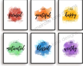 DRUCKBARE - Set aus 6 motivierenden Poster-Drucken - "I Am" Regenbogen-Aquarell-Serie