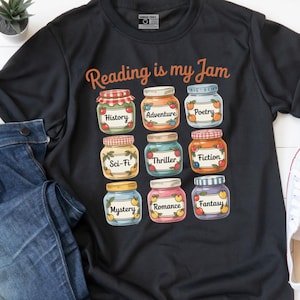 Reading Is My Jam Shirt, Book Lover Graphic Tee for Men & Women, Librarian Teacher Gift, Cute Literary Genres Reading T-Shirt, Sweatshirt
