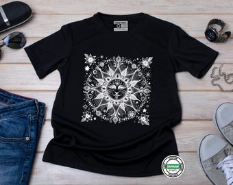 Celestial Sun and Moon Mandala Shirt – Floral Cosmic T-Shirt – Boho Astrology Tee – Witchy Spiritual Shirt – Lunar Solar Magic Print