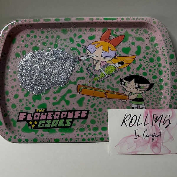 Custom Made, Power Puff Girl, Glitter, Rolling Tray, Flower Puff Girl, Gifts for Stoners, Gifts For Her, Pink and Green Rolling Tray