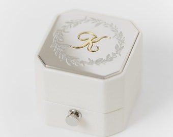 Metal Engraved Ring Box Grand Genuine Leather Monogrammed - OCTAGON - Velvet Vintage Handmade Antique Engagement Wedding Proposals Temple