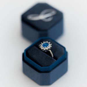 Velvet ring box - OCEAN OCTAGON - Single Double Slot Enamel Monogrammed Vintage Ringbox