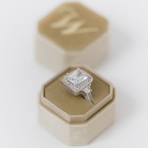Velvet ring box - BEIGE OCTAGON - Single Double Slot Enamel Monogrammed Vintage Ringbox