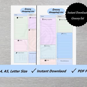 Op de afbeelding: Twee afdrukbare boodschappenlijstjes met pastelkleurige secties voor producten, babybenodigdheden, bakkerij en meer. De lijsten zijn gelabeld met "Grocery Shopping List" en bevatten de tekst "Instant Download" en "PDF Files."