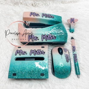 Teal and Pink Glitter ombre Matching Office Supplies for classroom Home Office personalized with name