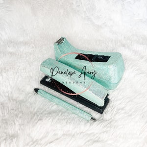 Custom Office Supplies | Custom glitter stapler tape dispenser pen | matching office supplies | matching 5 piece set