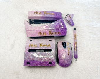 Custom Purple Glitter Office Supplies | Personalized for Home Office or School
