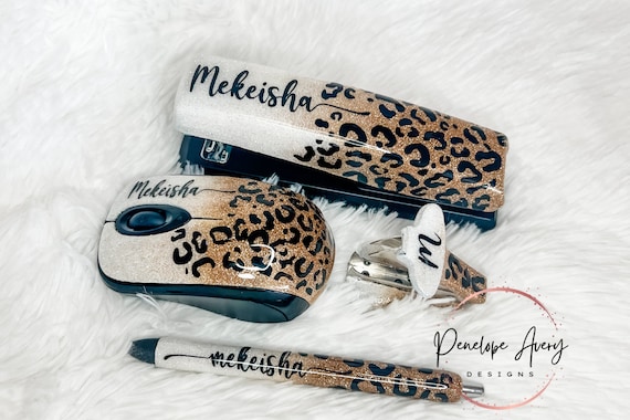 Custom Leopard Print Glitter Office Supplies | Personalized for Home Office or Classroom