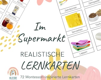 72 x Supermarkt Einkaufen Lebensmittel Vorräte Lernkarten Kleinkind, Montessori, Flashcards, Sprachkarten, Download