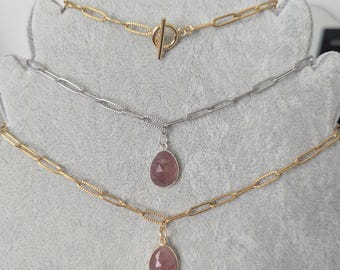 Link chain with strawberry quartz, 47 cm, 18K gold-plated