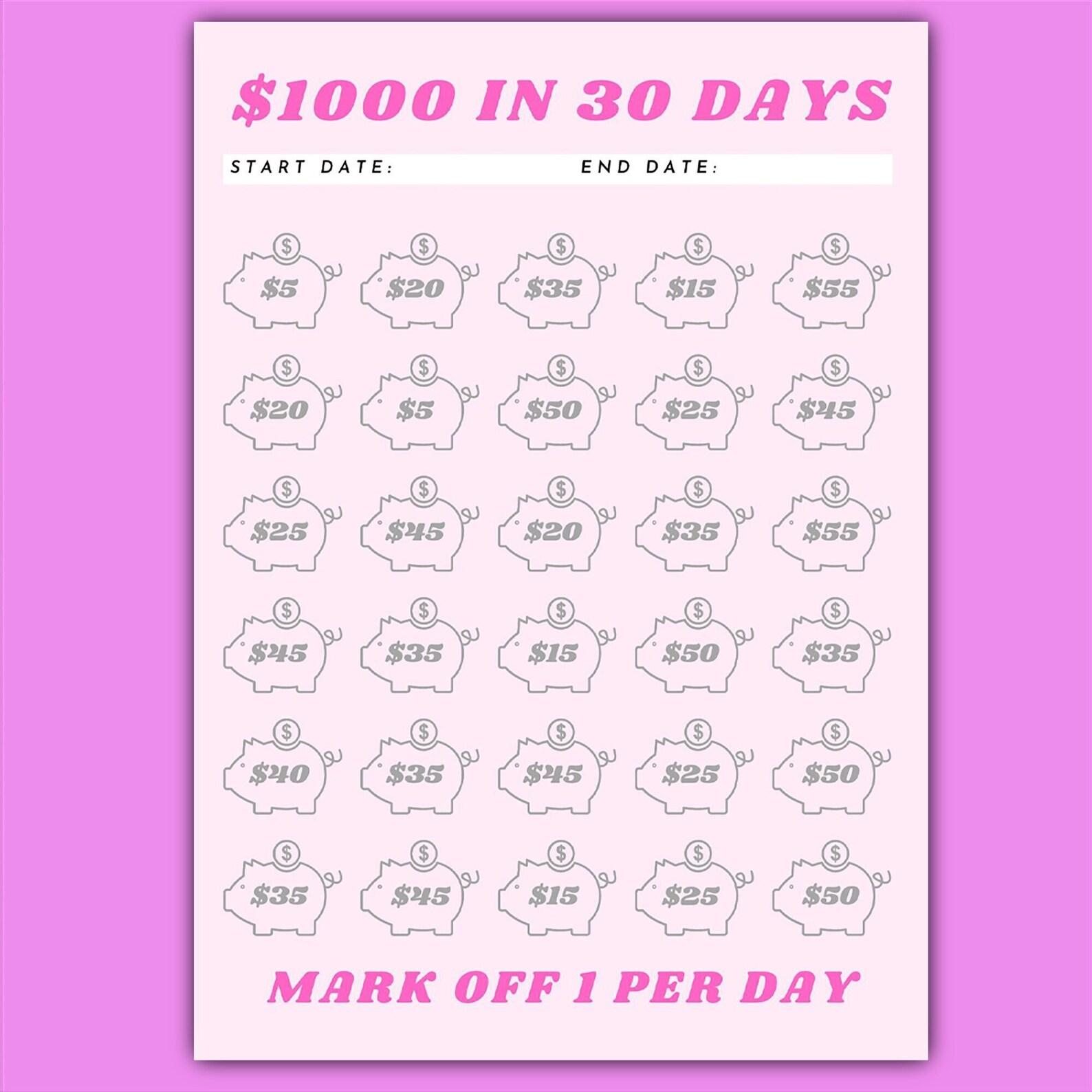 1K in 30 Days ~ Money Saving Challenge ~ Printable ~ Save 1000 Dollars ...