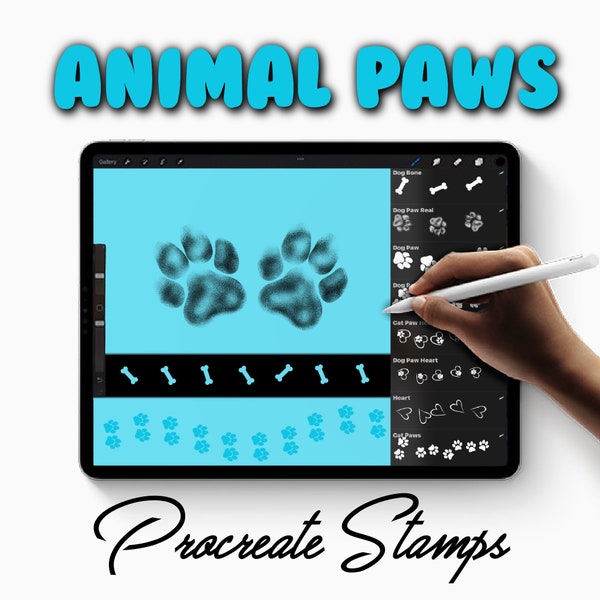 Animal Procreate Brush Stamp Set, dog paws, cat paws, dog bone, cat lover, dog lover