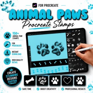 May include: A digital set of 150+ animal paw Procreate stamps featuring various paw prints, bones, and heart shapes. The display shows a tablet screen with a light blue background, black paw illustrations, and a menu of stamp options.
