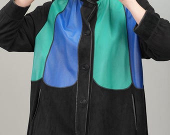 Philippe Vallereuil Flowy Suede Coat with Artistic Color-Block Design | Size M-XL | Made in France