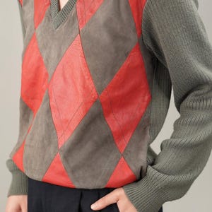 Sweter ze skóry zamszowej w stylu vintage ze wzorem w romby | Rozmiar damski L | Wyprodukowano we Włoszech