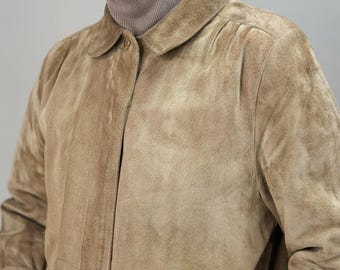 Vintage Suede Leather Swing Coat in Velvety Taupe with Speckled Wool Lining | Size L | Made in Germany