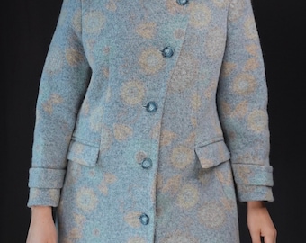 Milky Blue Vintage Wool Coat 70s with Subtle Flower Pattern