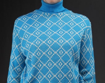 Light Blue Turtle-neck Jumper with Geometric Pattern | Vintage, 1970s