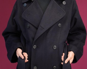 Italian VINTAGE Camelhair Coat, Men’s | Double-Breasted Belted Pea-coat in Navy Blue | Wool Blend Trench-coat, Size S (46)