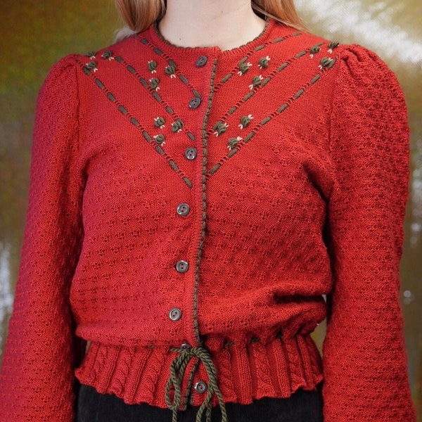 Pfister Traditional Austrian Knit-Cardigan in Red with Puffy Sleeves and Embroidery | Made in Austria