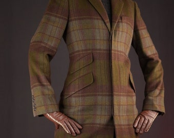 Ralph Lauren Pure Cashmere Coat Purple Label | Vintage Cashmere Coat Tartan Pattern Khaki Green & Muted Red | Made in USA | Sovereign Grade