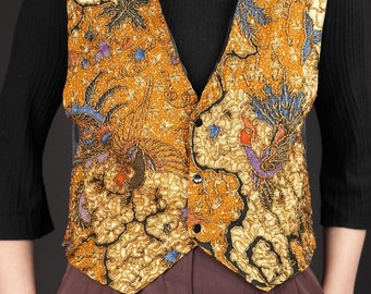 Beaded Waistcoat Vintage with Roosters | Patterned Vintage Vest 1980s