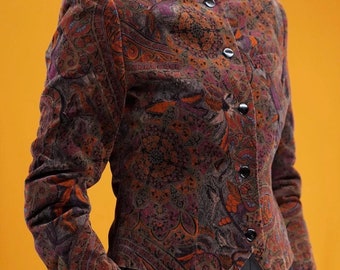 Velvet Blazer with Paisley Floral Pattern in Muted Colors | Women's Vintage, Pure Cotton | Made in Italy