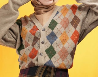 Colorful Vintage Wool Cardigan with Diamond Pattern | Pure Shetland Wool