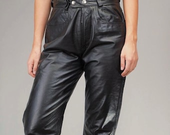 Smooth Vintage Leather Pants in Black | Leather Pants Women&#39;s | Motorcycling Leather Pants | Female Size L