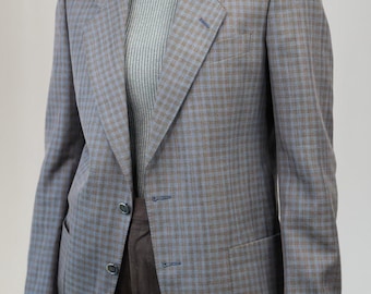 Vintage Summer Wool Plaid Blazer in Light Blue | Men's Size S (EU 46, US 36) | 80s, Tailored in Italy
