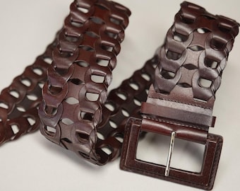 Vintage Wide Brown Bonded Leather Belt | Openwork Woven Design | Oversized Buckle | Flexible Sizing