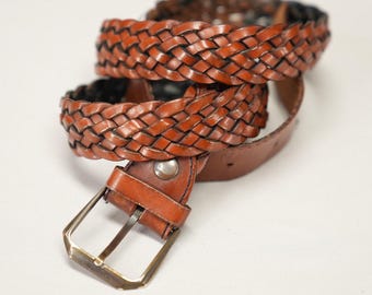 Vintage Cognac Brown Woven Leather Belt | Full Grain Braided Leather | Brass Tone Buckle | EU 100 / US W39–40