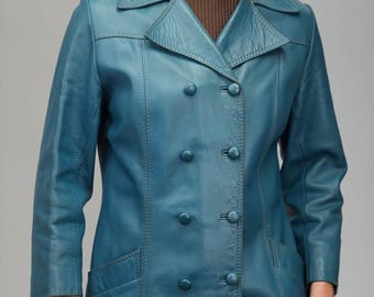 60s Tailored Leather Coat in Teal Blue | Size M | Vintage, made in Italy