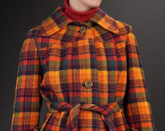 Eye-Catching 1970s Plaid Coat | Colorful Checkered Wool Coat | Vintage