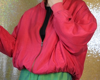 Bright Red Silk Bomber Jacket / Daniel Hechter pure silk