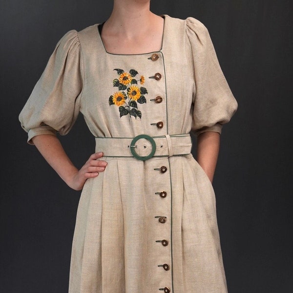 Traditional Austrian Dirndl Dress with Sun Flowers Hand-painted | Pure Linen Folklore Dress with Belt | Made in Austria 1960s