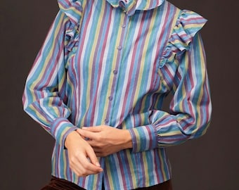 Colorful Striped Vintage Blouse with Ruffled Details 80s | Size M