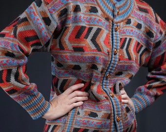 Vintage Wool Cardigan with Abstract Colorful Pattern