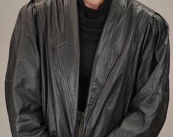 80s Cowhide Leather Coat with Blouson Sleeves | Women's Size XL | Black Vintage Leather Jacket
