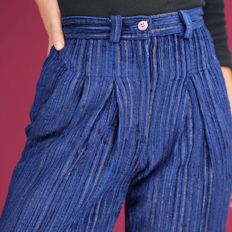 High-waisted pleated embellished corduroy trousers