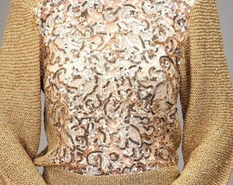 Glamorous 80s Golden Knitted Party Top with Semi-Sheer Sequin Front | Vintage | Women's Size M | in Perfect Condition