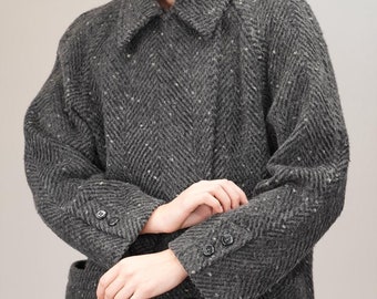Speckled Charcoal Grey Llama Wool Coat | Women's Cozy Warm Winter Coat, Vintage | Weinberg, Paris | Size L-XL | Made in France