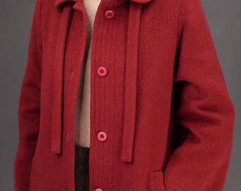 Abrigo de mohair y lana en color rojo burdeos / Talla L / Años 70, Hecho en Italia
