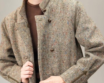 Unique 70s Tweed Coat with Leather Elements | Colorful Speckled Vintage Tweed Coat, Women's Size L | Made in Italy from Pure Wool