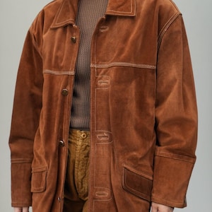 Manteau en cuir suédé doux et velouté (Marron Bronze | Veste Heritage style chasse vintage | Unisexe | Homme S, Femme L | Fabriqué en Italie
