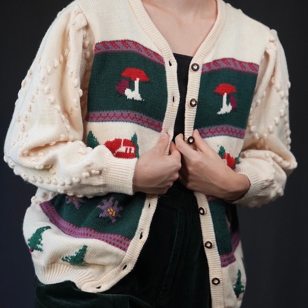 Austrian Vintage Knit-Cardigan Trachten with Landscape | Mushrooms | Flower Pattern | Folklore