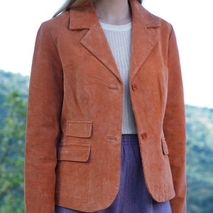 Veste blazer en cuir orange corail Années 90
