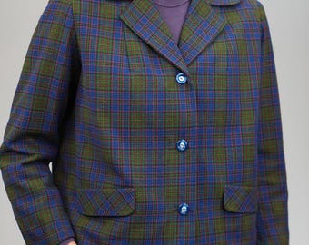 Chaqueta de lana a cuadros, entallada, corta, en azul y verde / Años 60, vintage / Talla M / Confeccionada en Italia